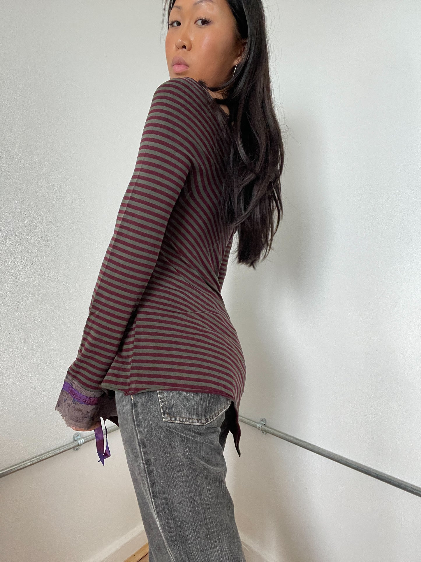 Purple Stripy Asymmetric Cop Copine Tunic Top