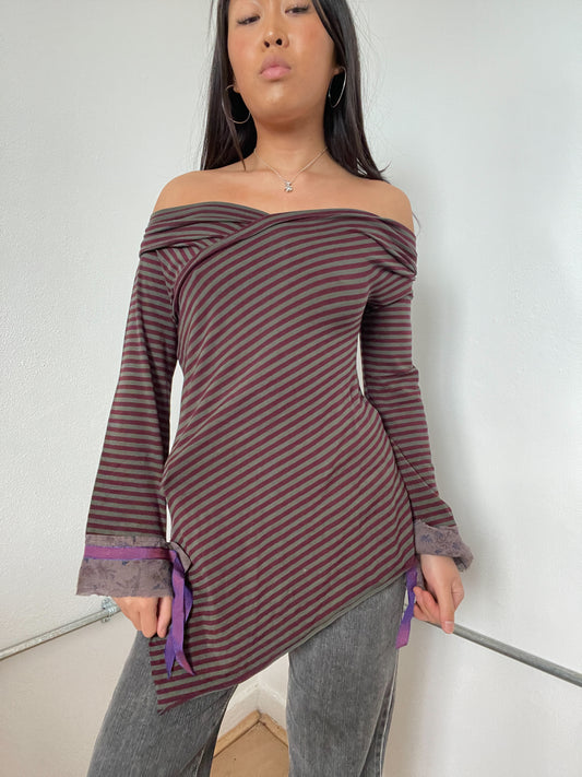 Purple Stripy Asymmetric Cop Copine Tunic Top