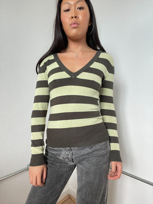 Green Stripy V-Neck Long sleeve
