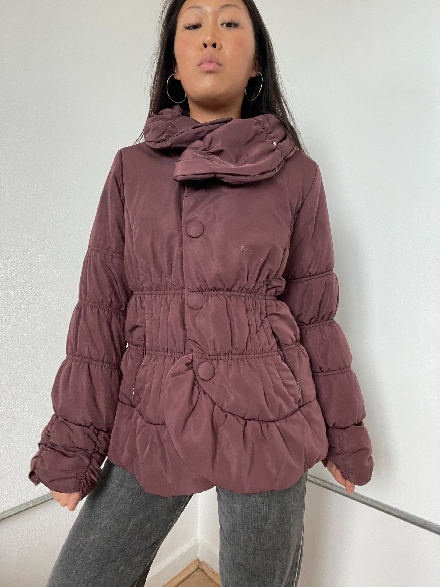 Burgundy Ruched Puffer Jacket