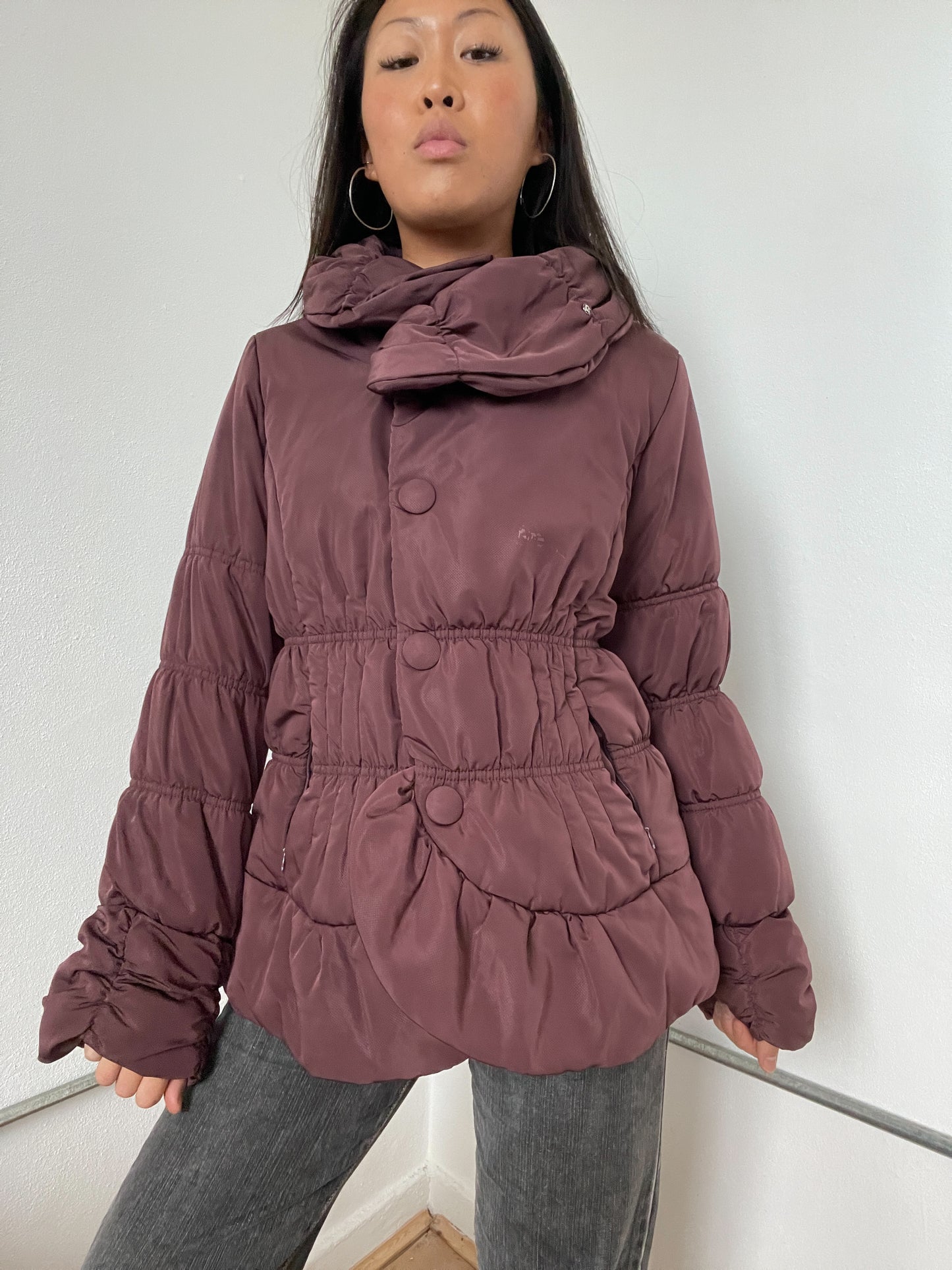 Burgundy Ruched Puffer Jacket