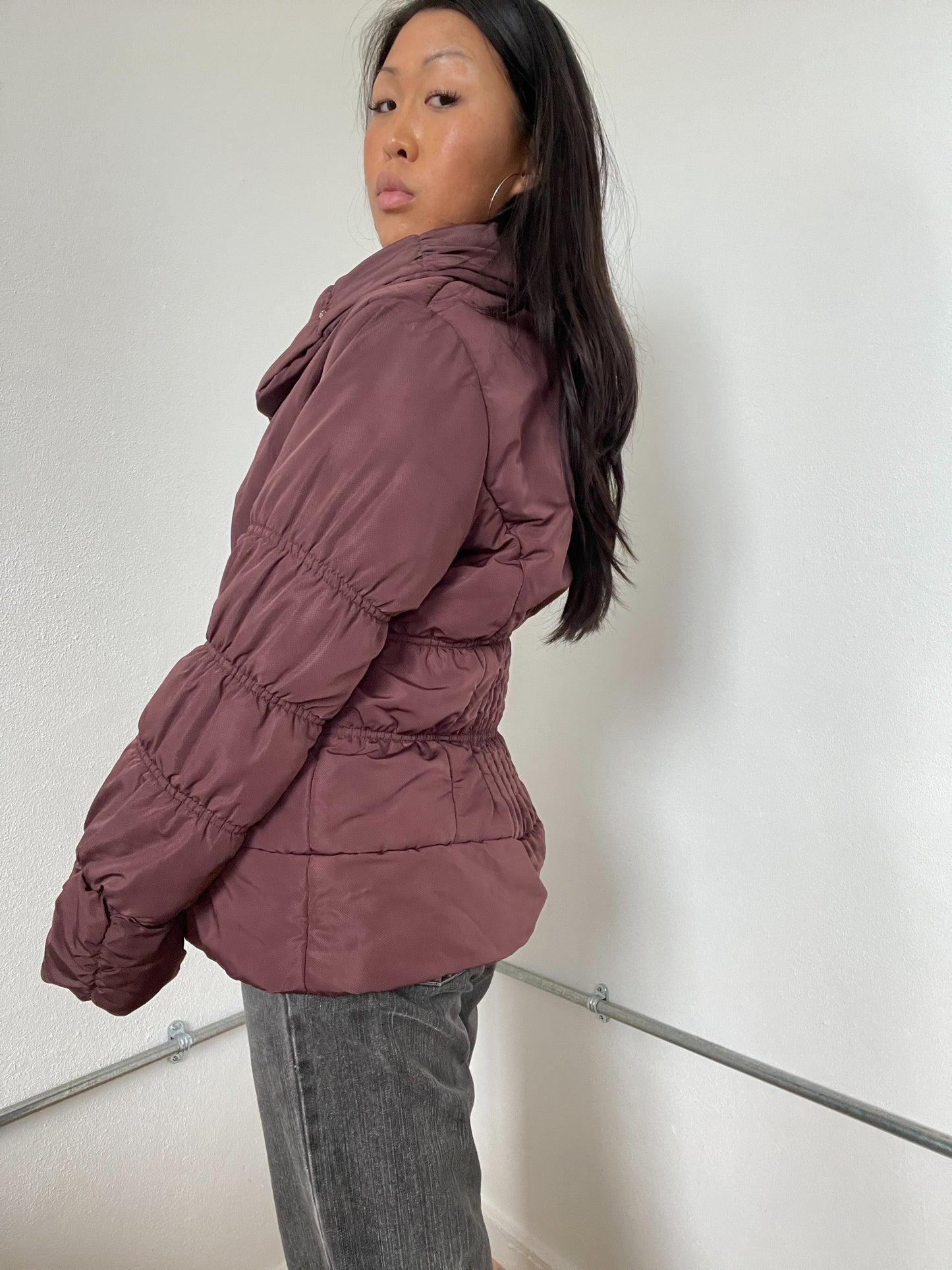 Burgundy Ruched Puffer Jacket