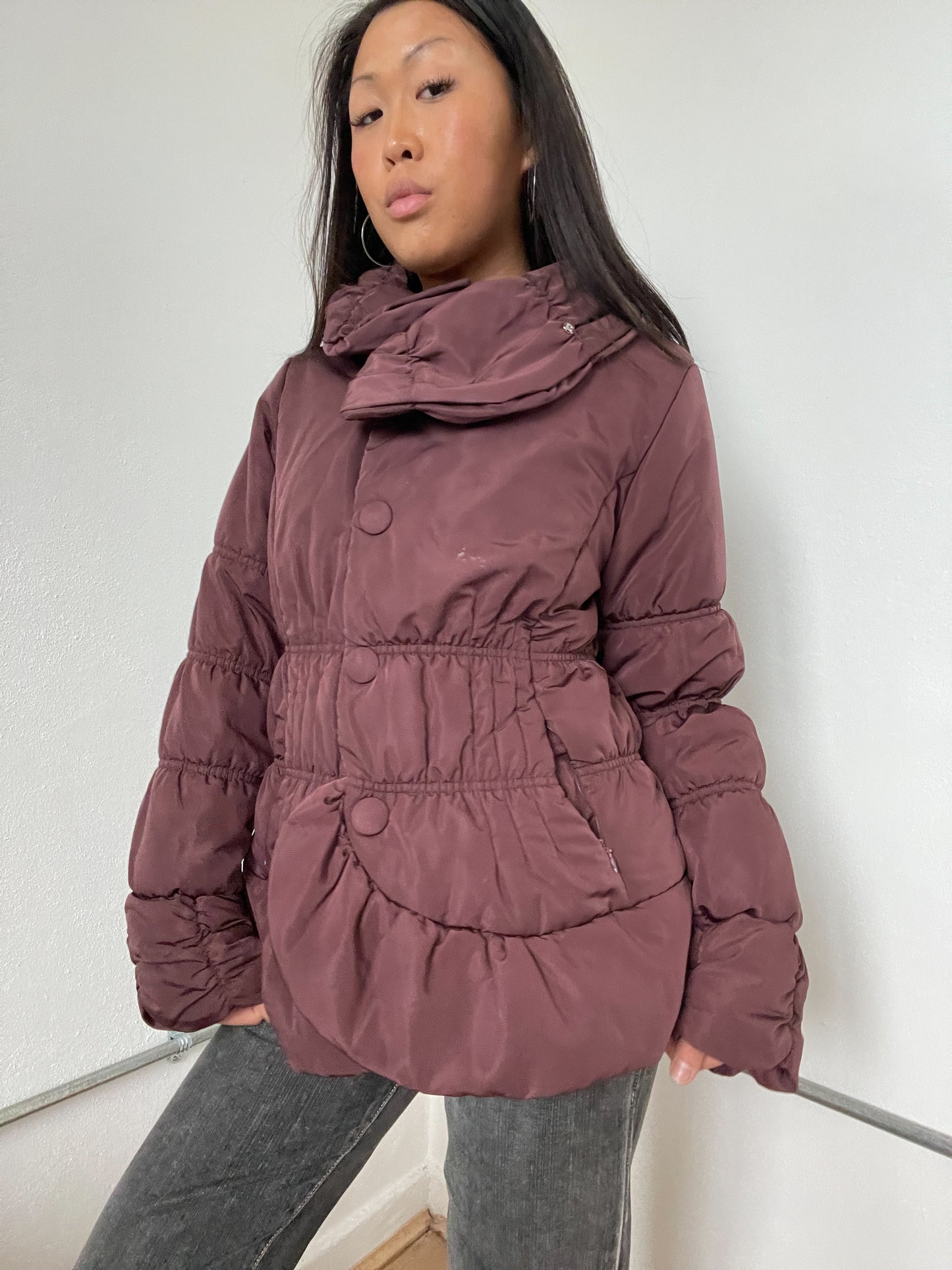 Burgundy Ruched Puffer Jacket