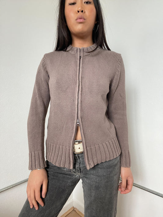 Light Brown Double Zip Ribbed Jumper