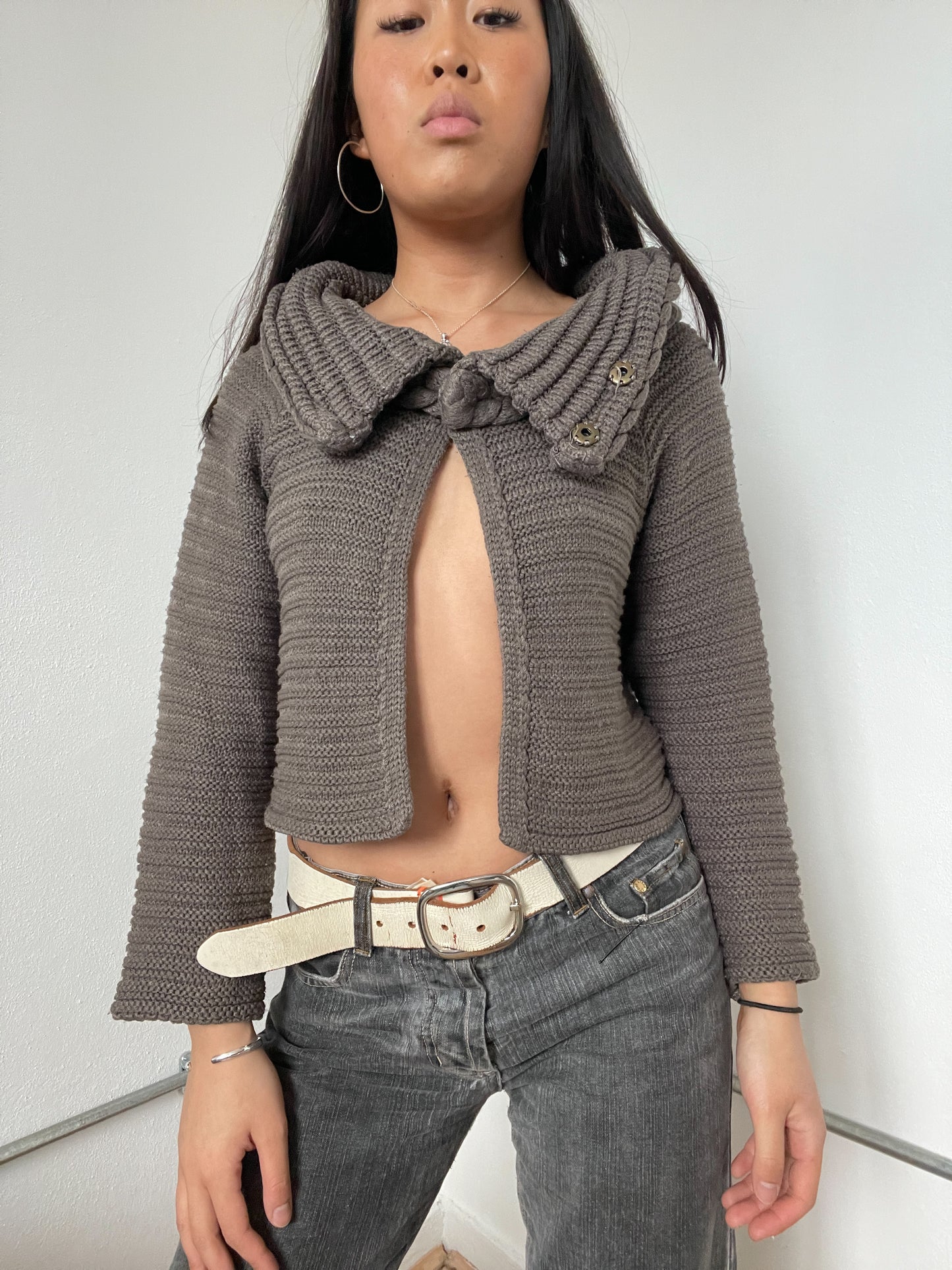 Light Brown Textured Knit Long Sleeve Cardigan
