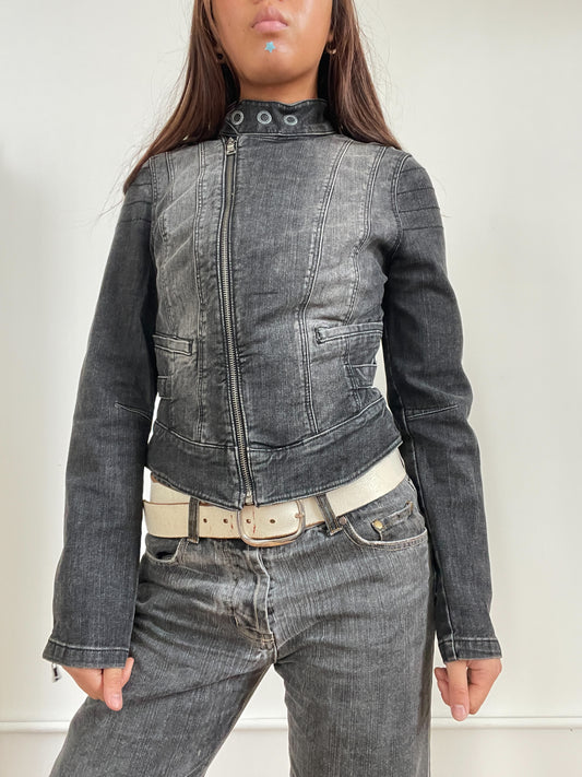 Vintage Asymmetric Washed Black Denim Jacket