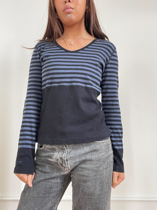 Vintage Navy And Blue Striped V Neck Long Sleeve