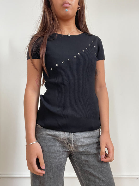 Vintage Black Short Sleeve Top With Eyelet Detail