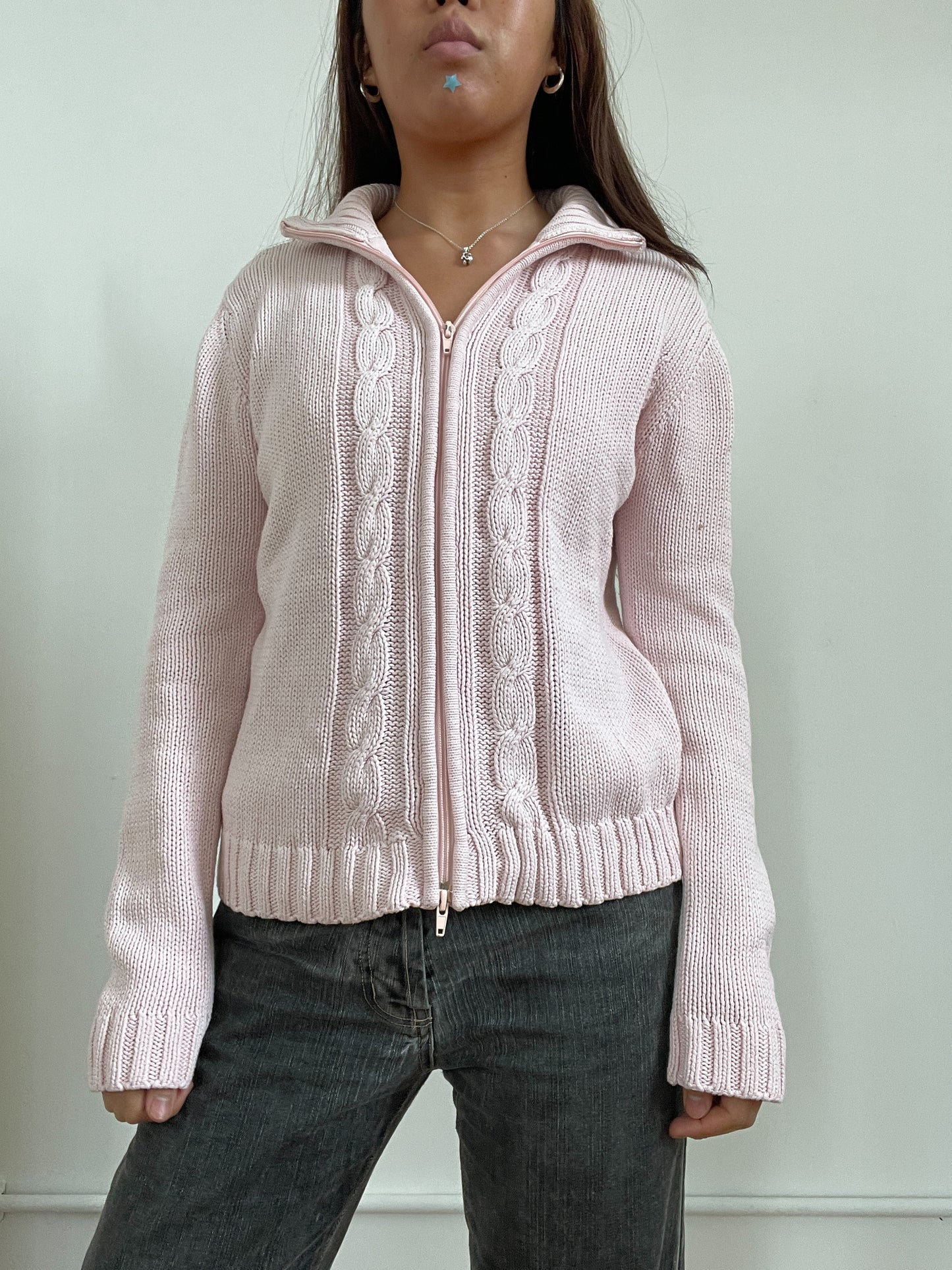 Vintage Pink Cable Knit Zip Up