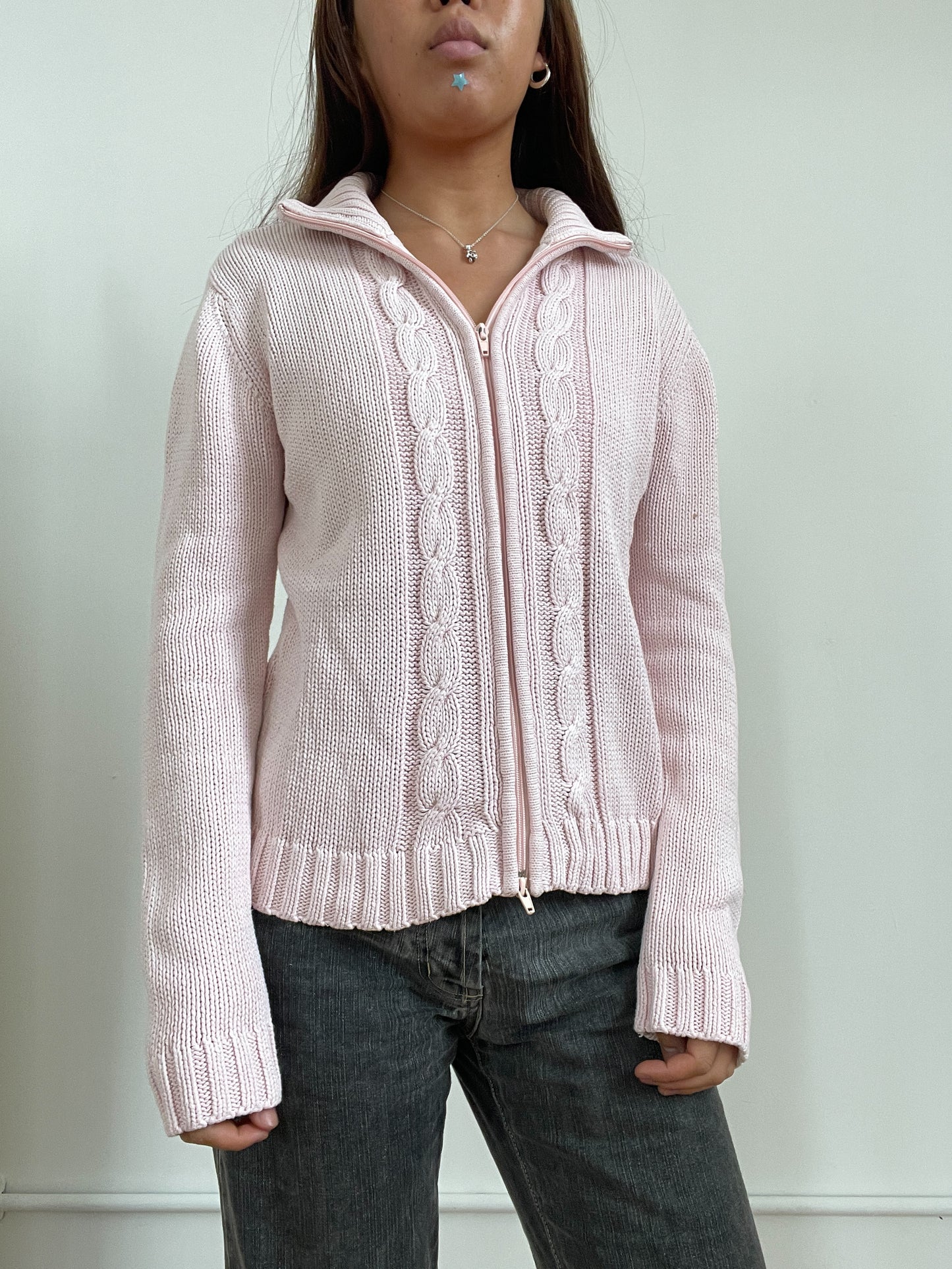 Vintage Pink Cable Knit Zip Up