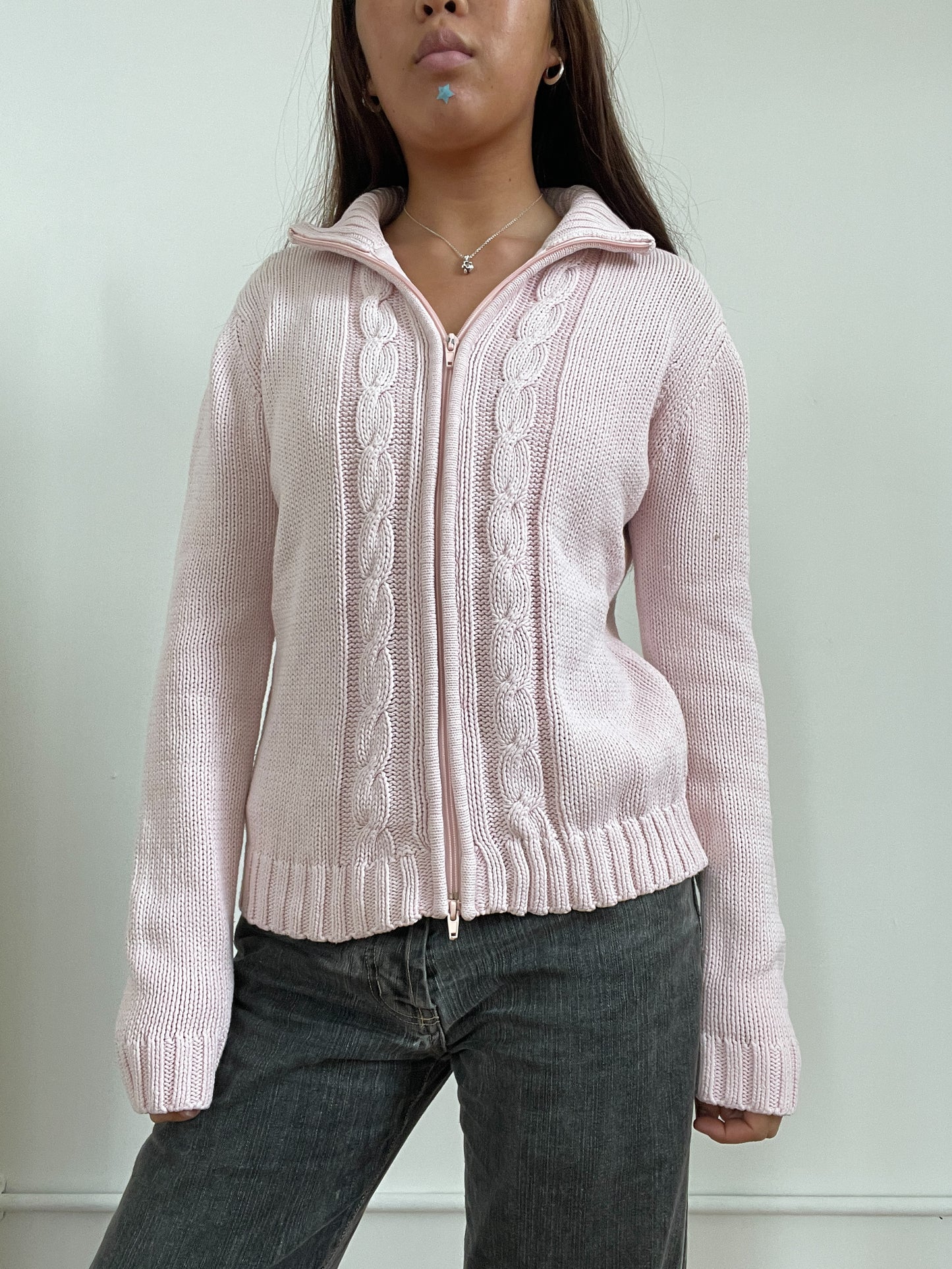 Vintage Pink Cable Knit Zip Up