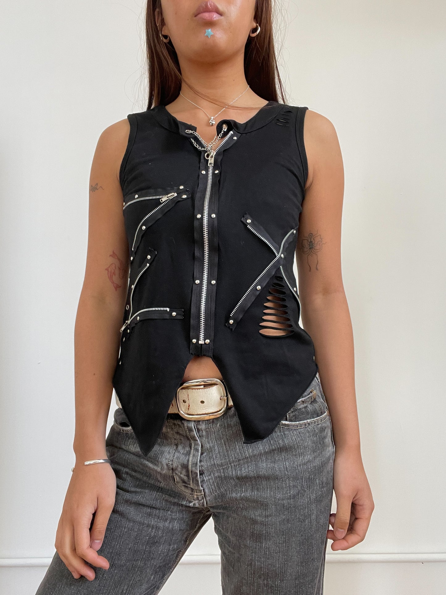 Black Sleeveless Zip Up Top