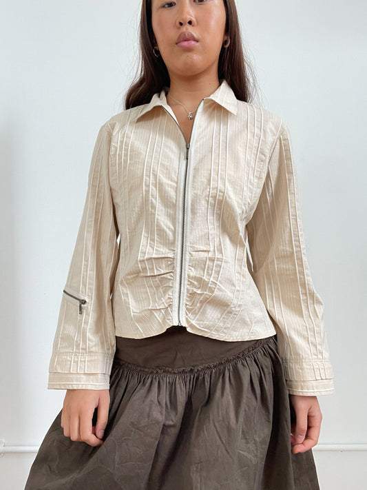 Vintage Light Beige Textured Zip Up Top