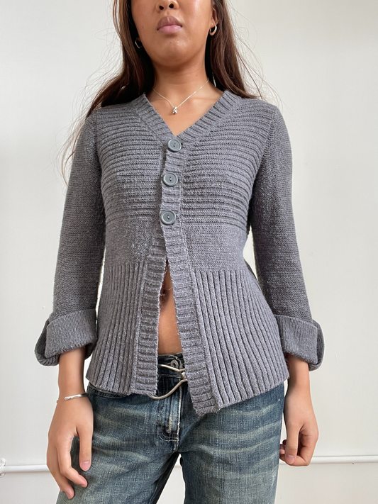 Vintage Grey Button Up Ribbed Cardigan