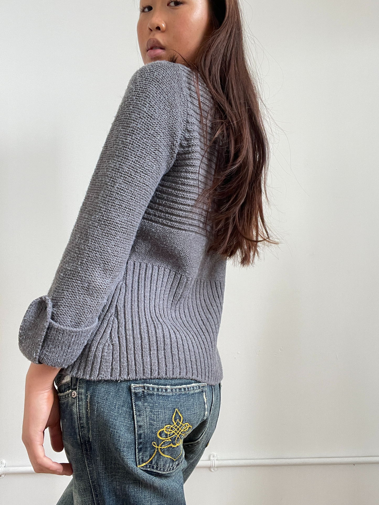 Vintage Grey Button Up Ribbed Cardigan