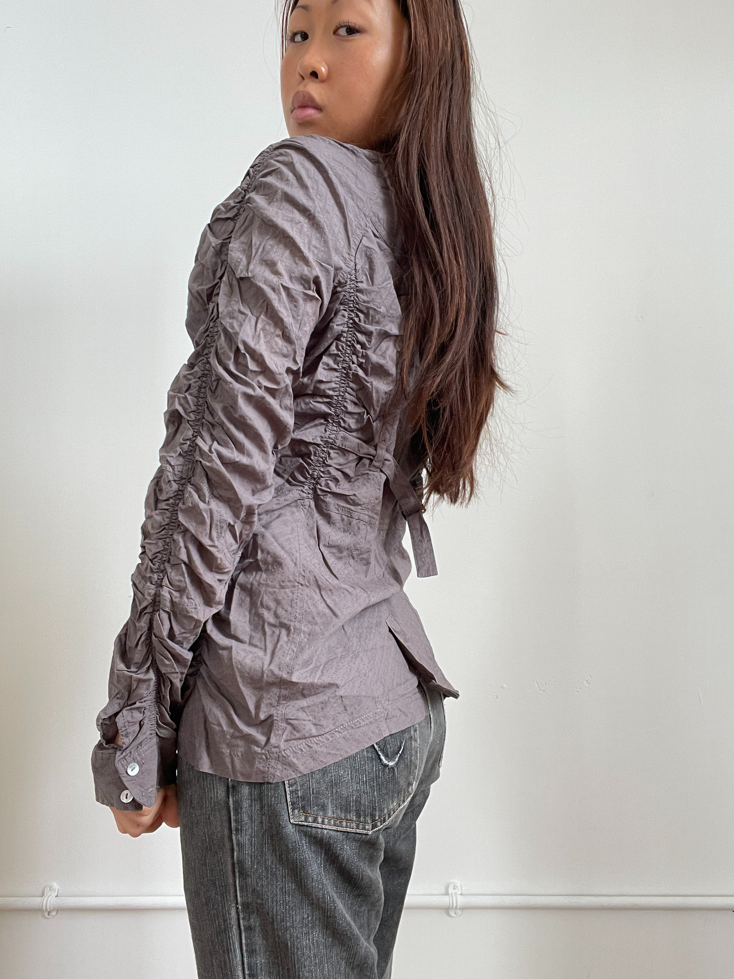 Vintage Grey Ruched Textured Button Up