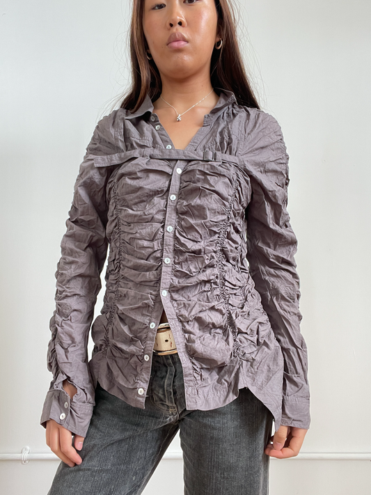 Vintage Grey Ruched Textured Button Up