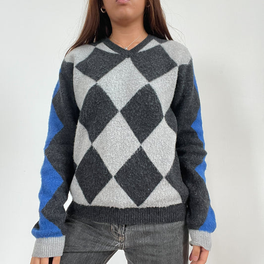 Vintage Grey And Blue Diamond Knit Jumper