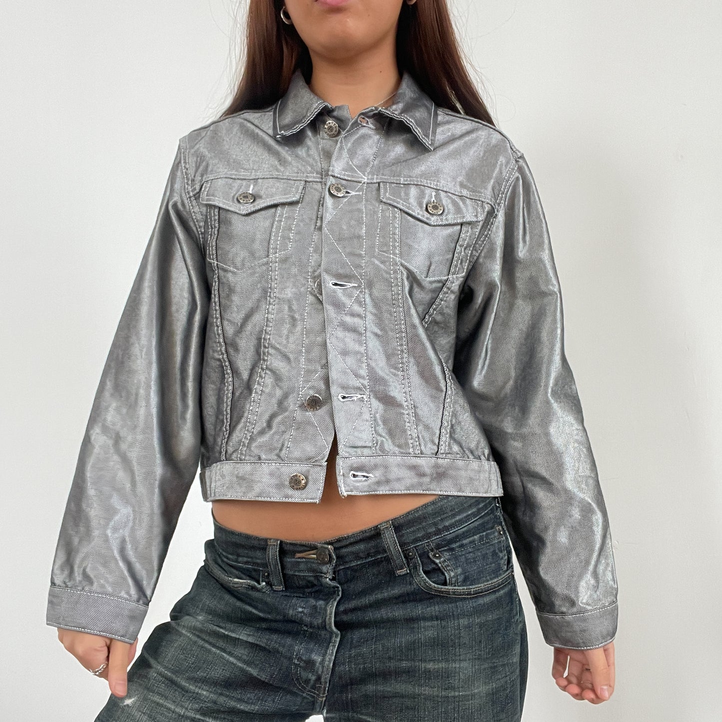 Vintage Silver Shiny Collared Jacket