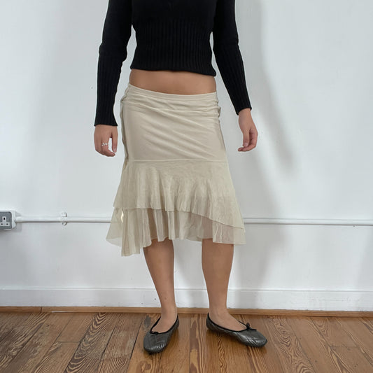Vintage Beige Asymmetric Ruffle Midi Skirt