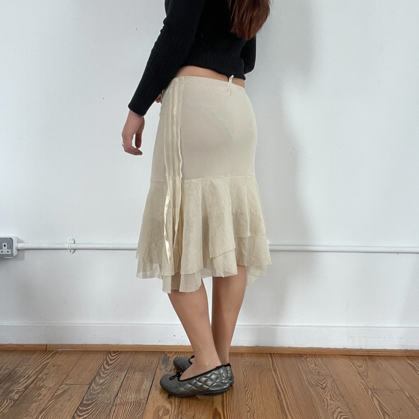 Vintage Beige Asymmetric Ruffle Midi Skirt