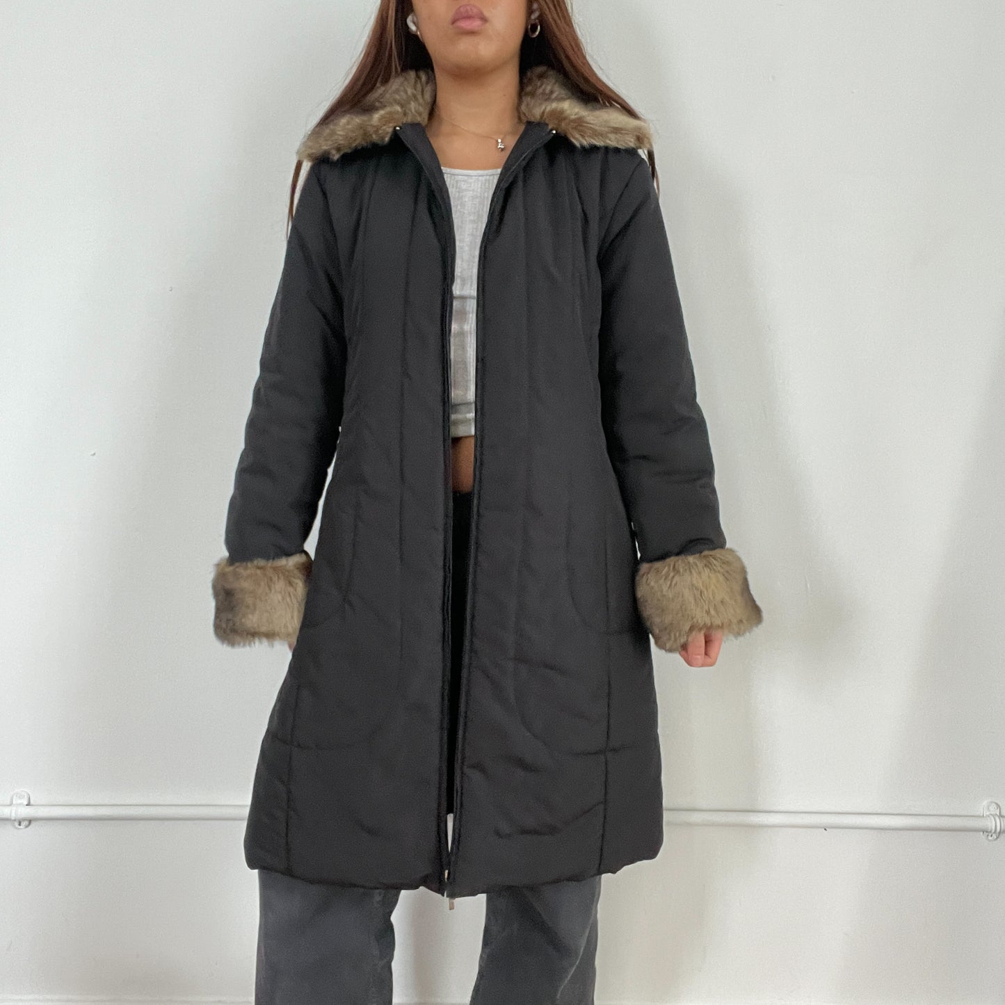 Vintage black faux fur trim long zip up jacket