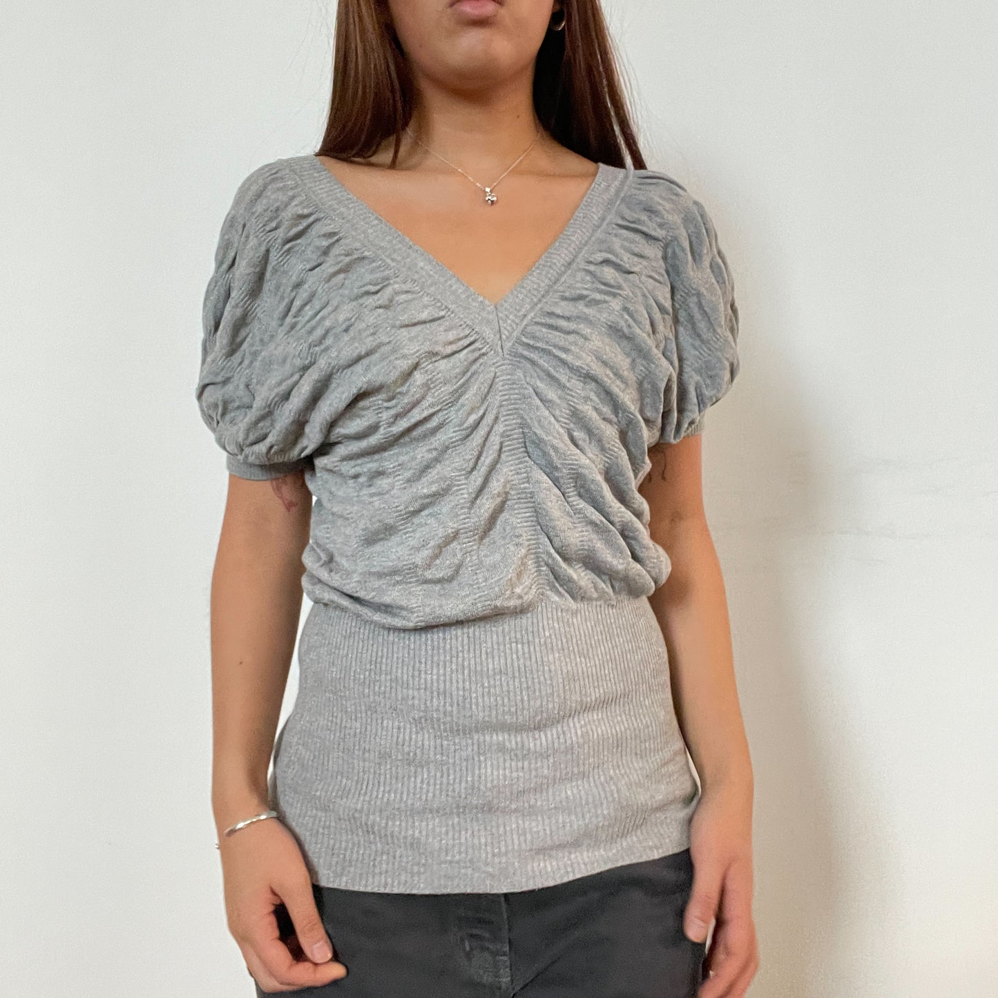 Vintage grey v neck ruched knit jumper