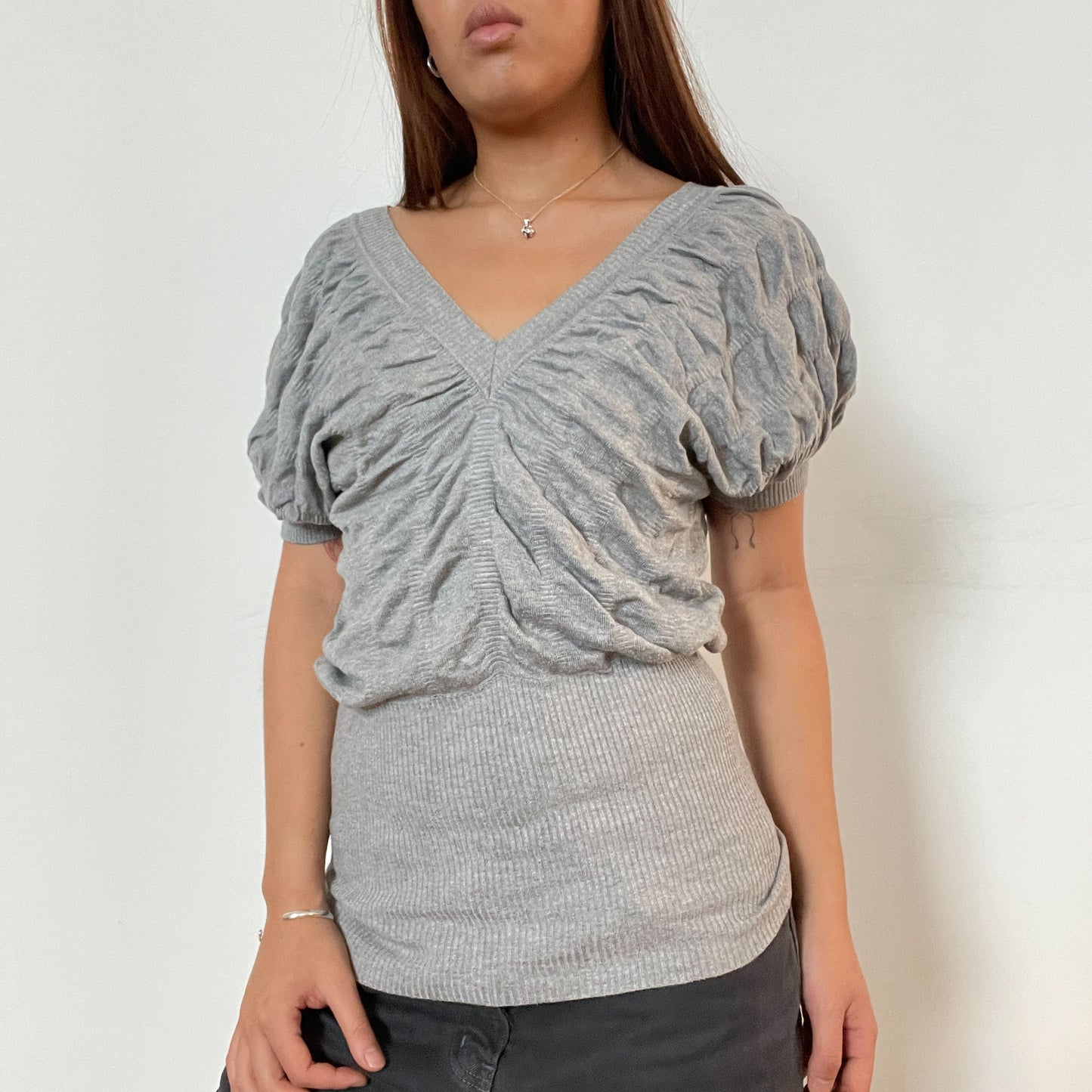 Vintage grey v neck ruched knit jumper