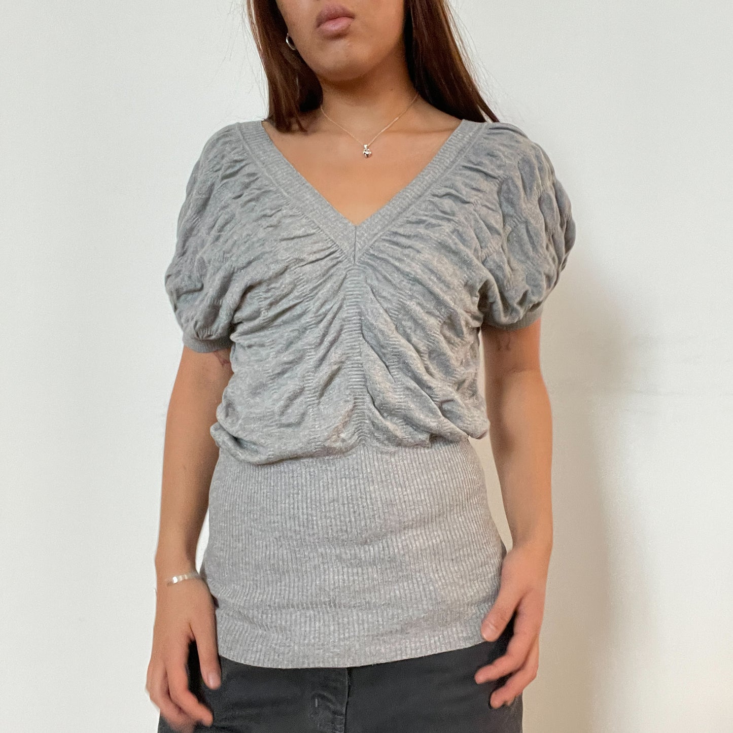 Vintage grey v neck ruched knit jumper