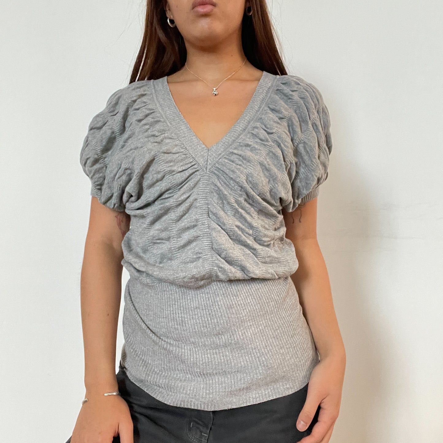 Vintage grey v neck ruched knit jumper
