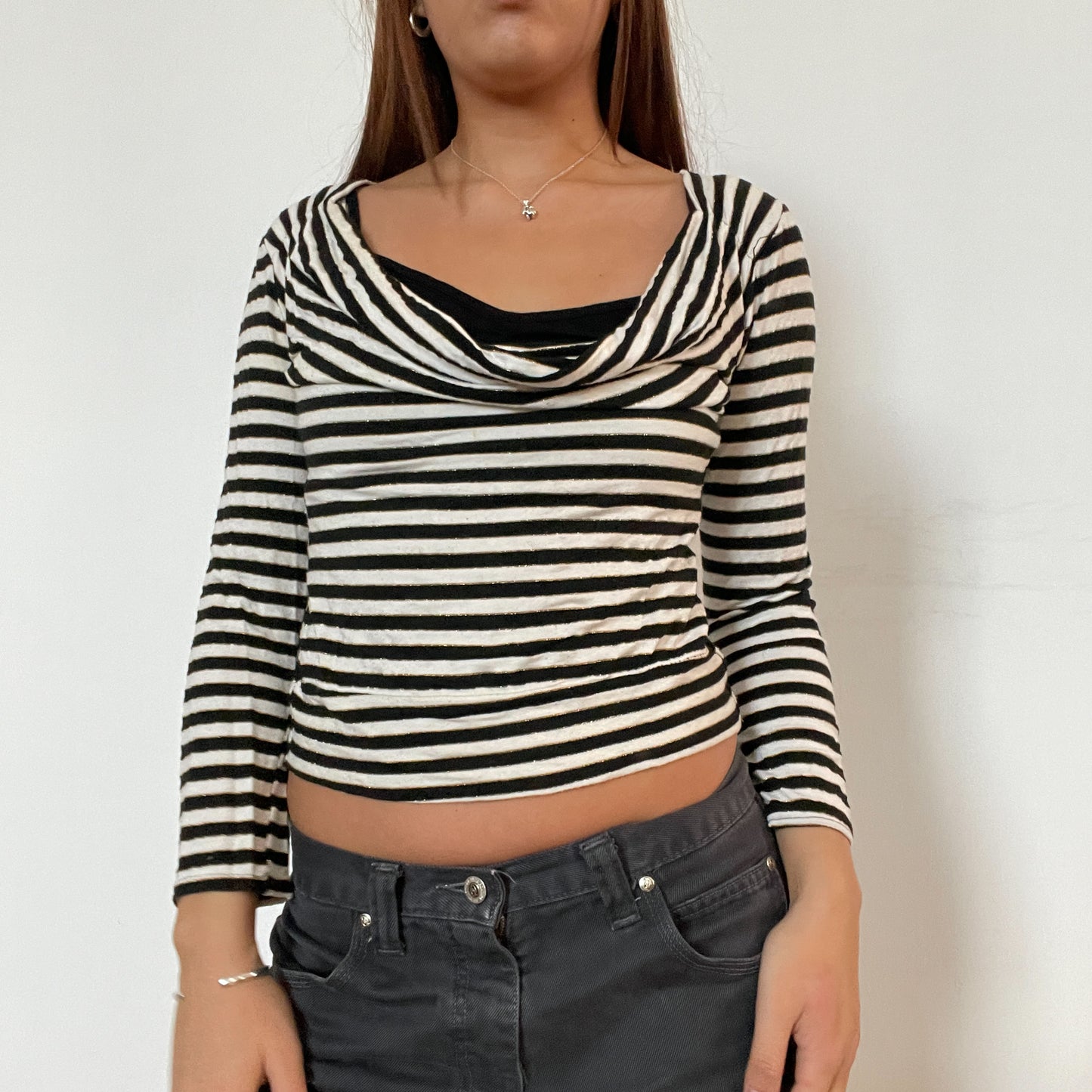 Vintage striped cowl neck long sleeve top with black underlayer
