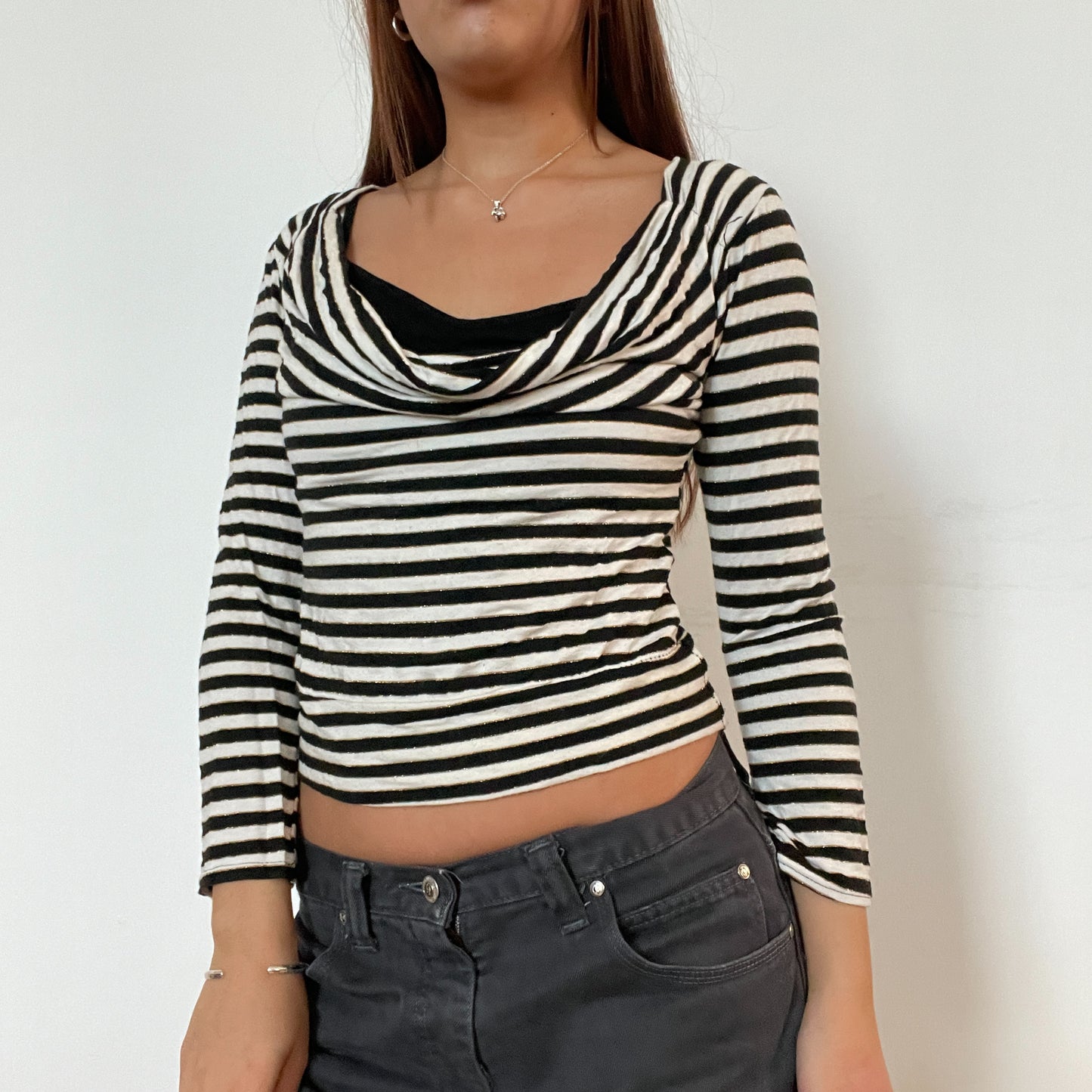 Vintage striped cowl neck long sleeve top with black underlayer