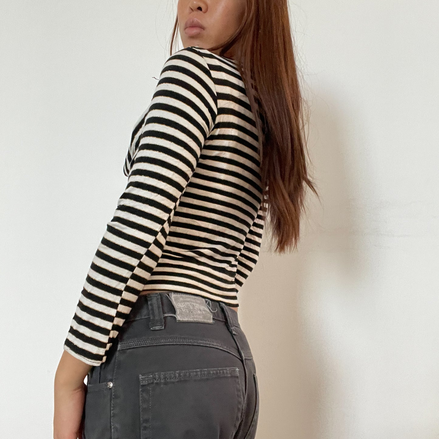 Vintage striped cowl neck long sleeve top with black underlayer