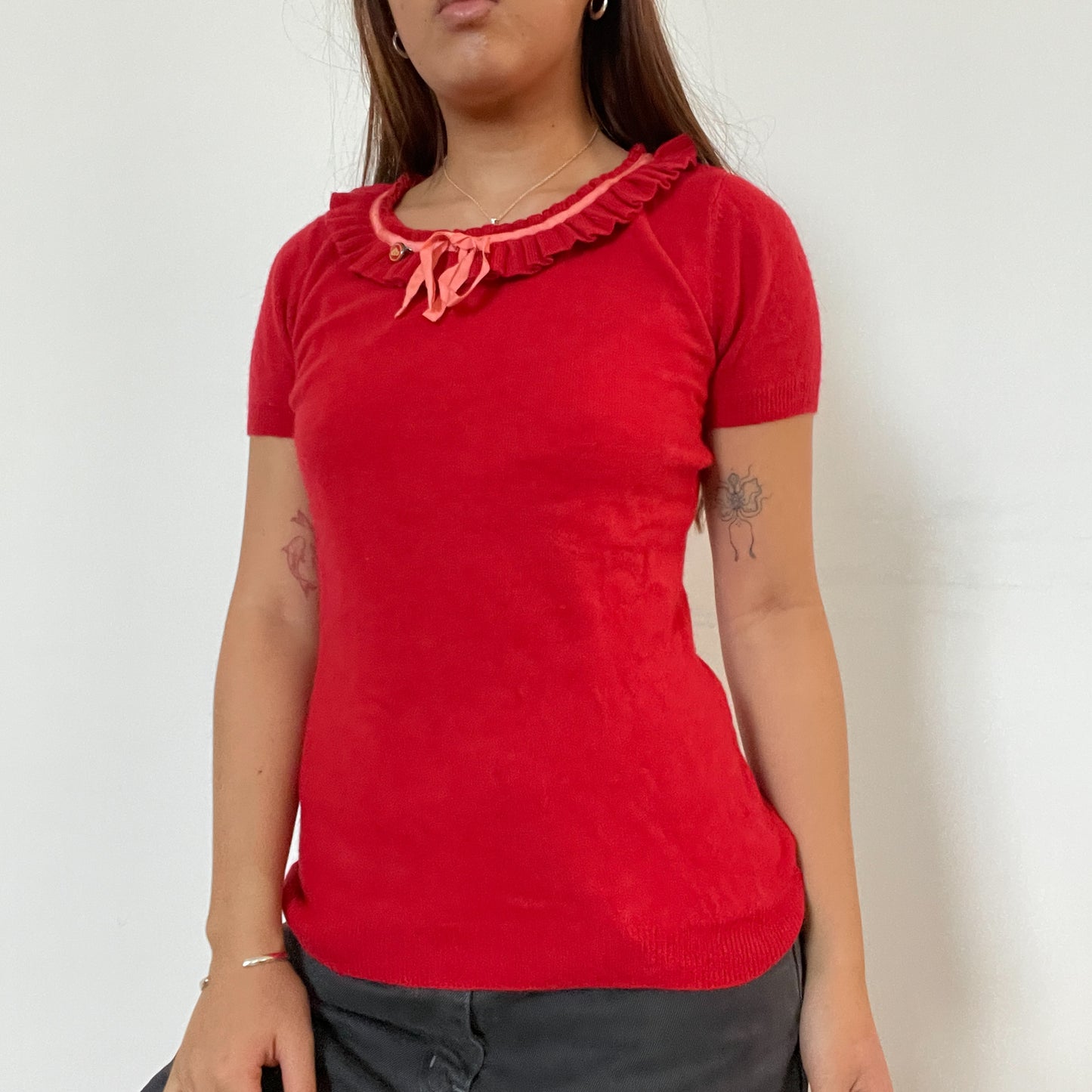 Vintage red knit tee with frill and ribbon detail around neckline