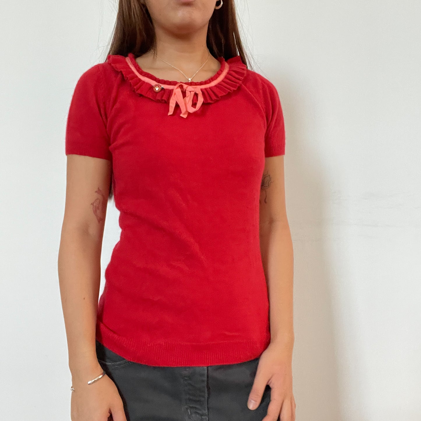 Vintage red knit tee with frill and ribbon detail around neckline