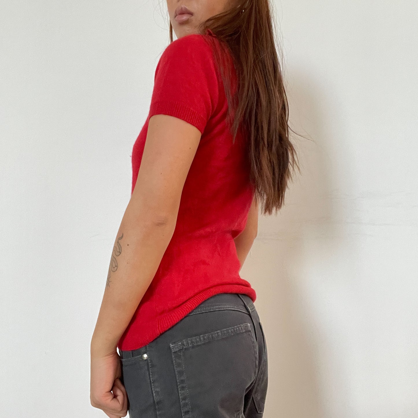 Vintage red knit tee with frill and ribbon detail around neckline