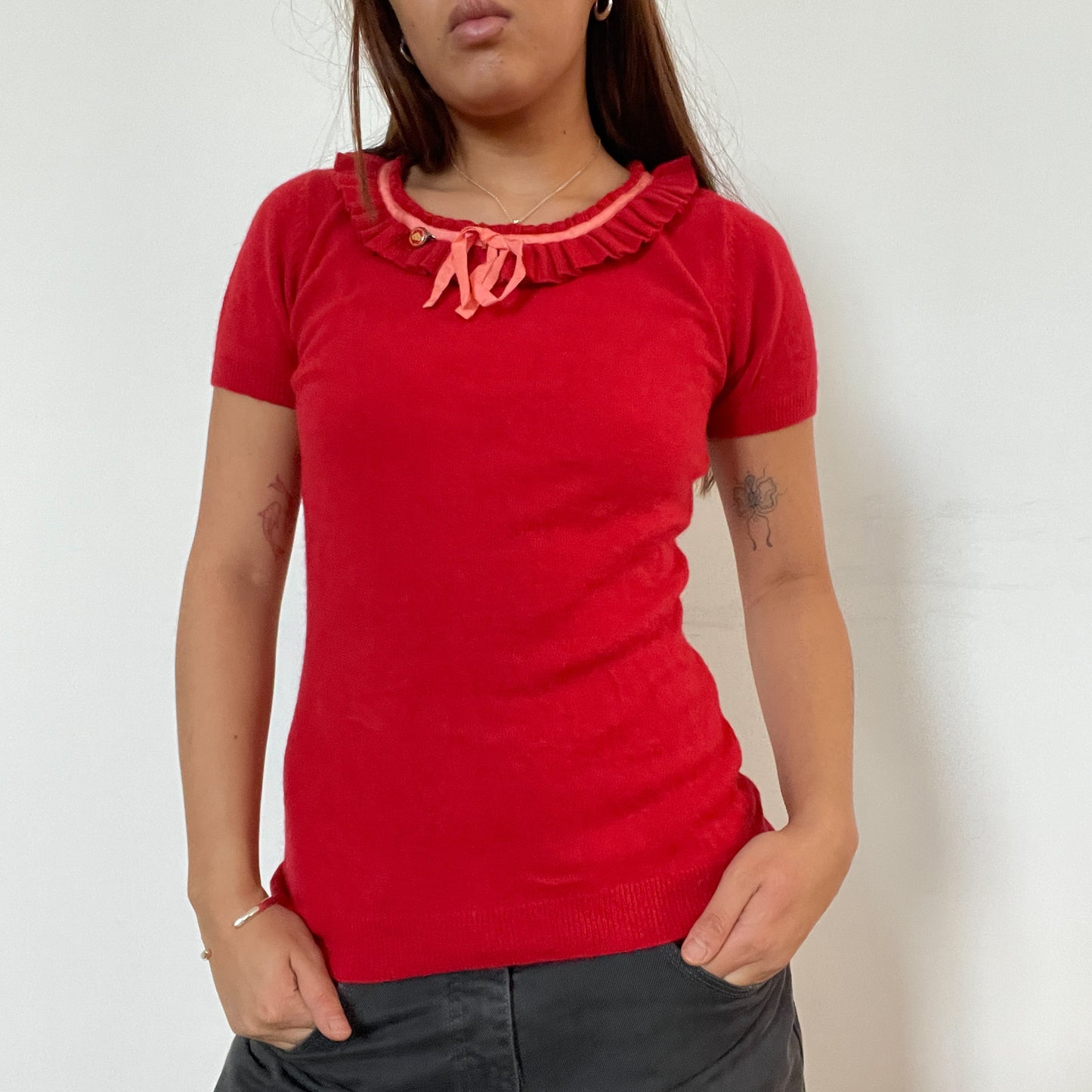 Vintage red knit tee with frill and ribbon detail around neckline