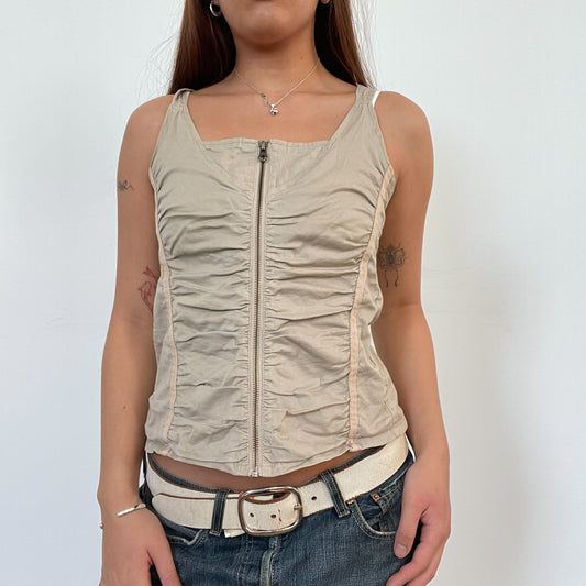 Vintage Cream Zip Up Ruched Top
