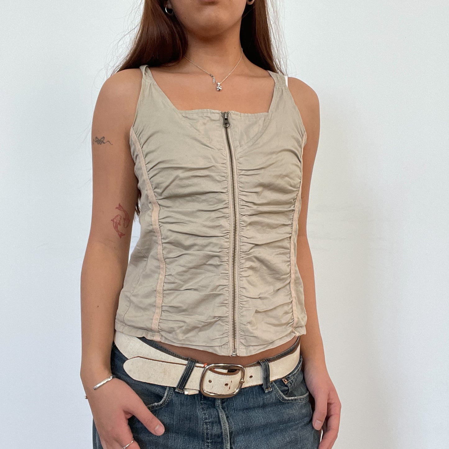 Vintage Cream Zip Up Ruched Top