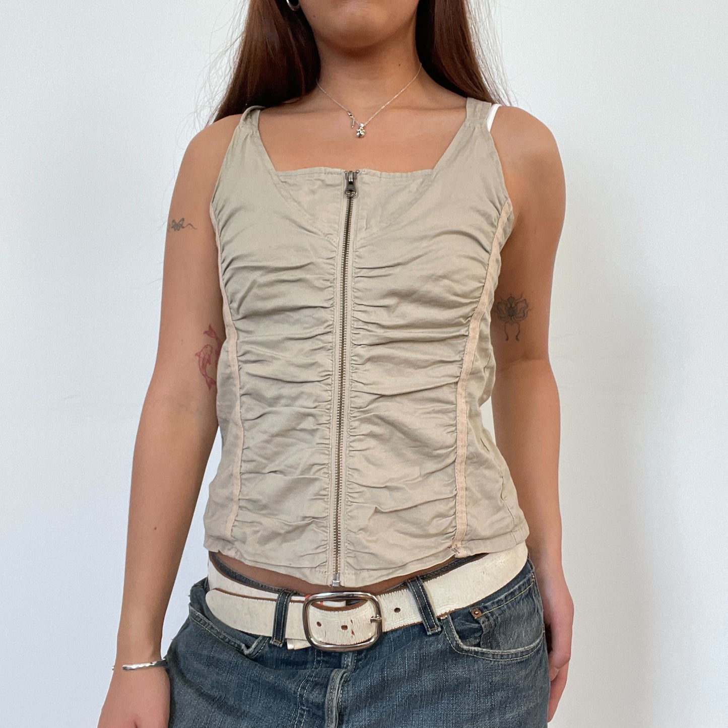 Vintage Cream Zip Up Ruched Top