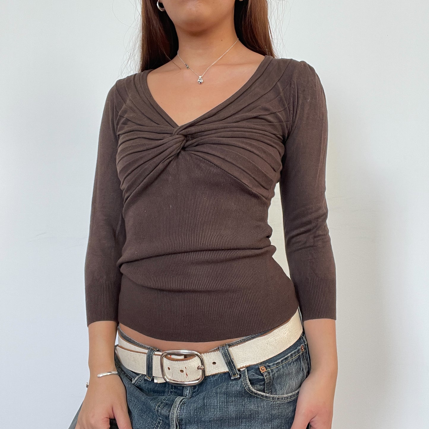 Vintage Brown Knit Gathered Long Sleeve
