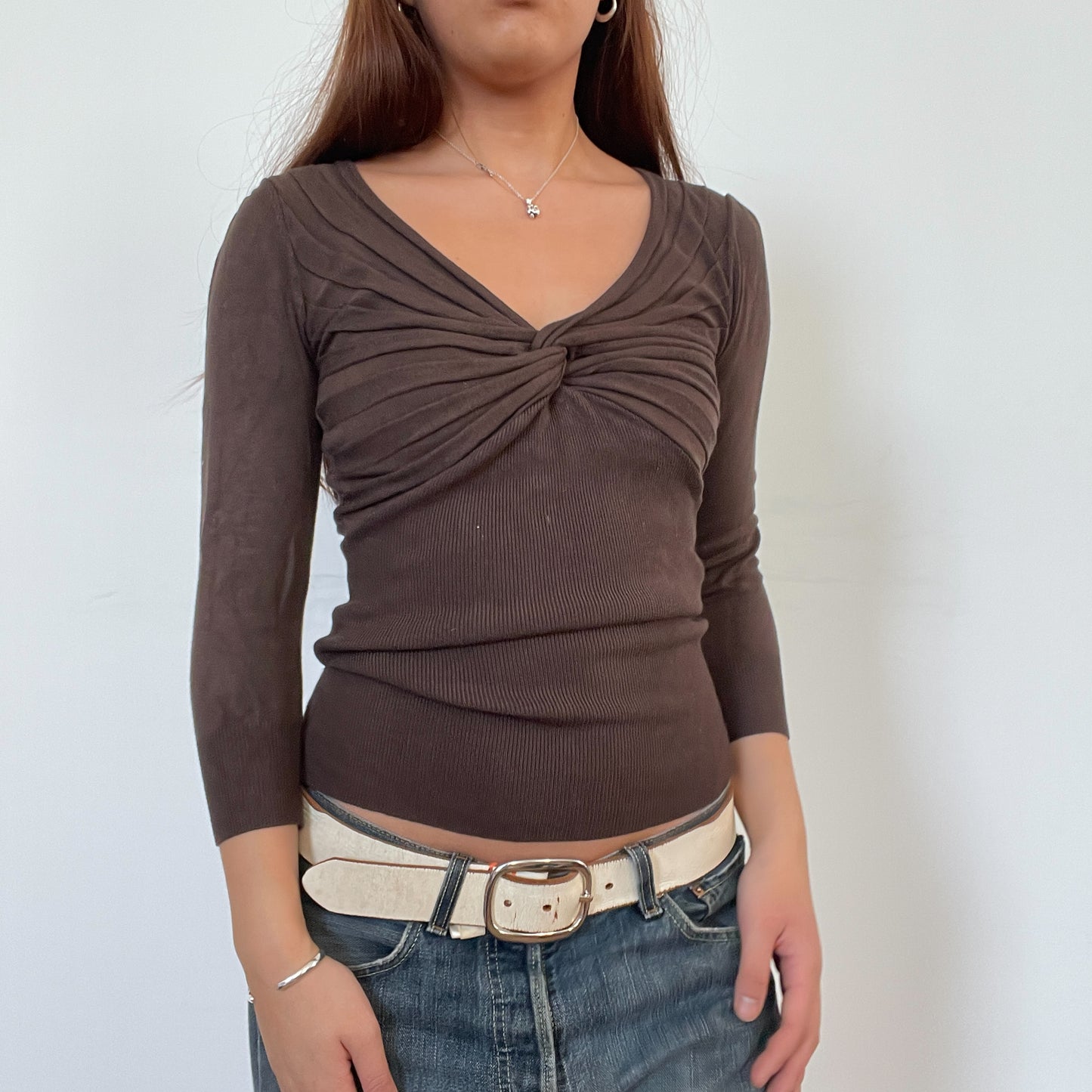 Vintage Brown Knit Gathered Long Sleeve