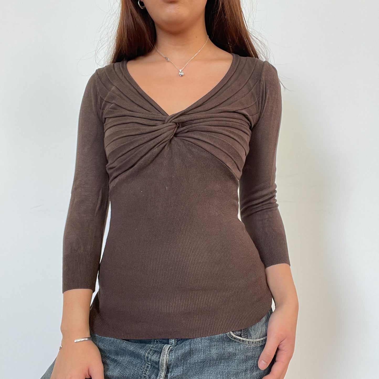 Vintage Brown Knit Gathered Long Sleeve