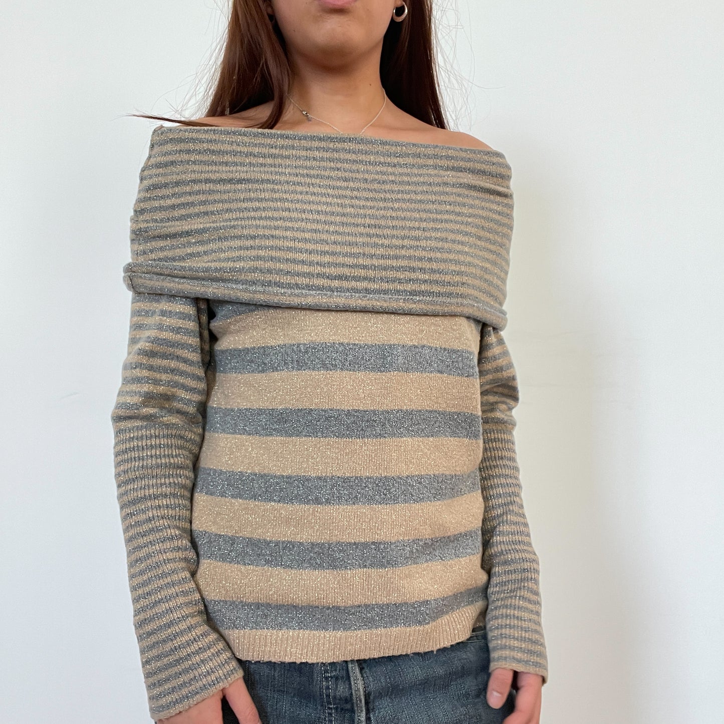 Vintage Bardot Beige Grey Knit Jumper