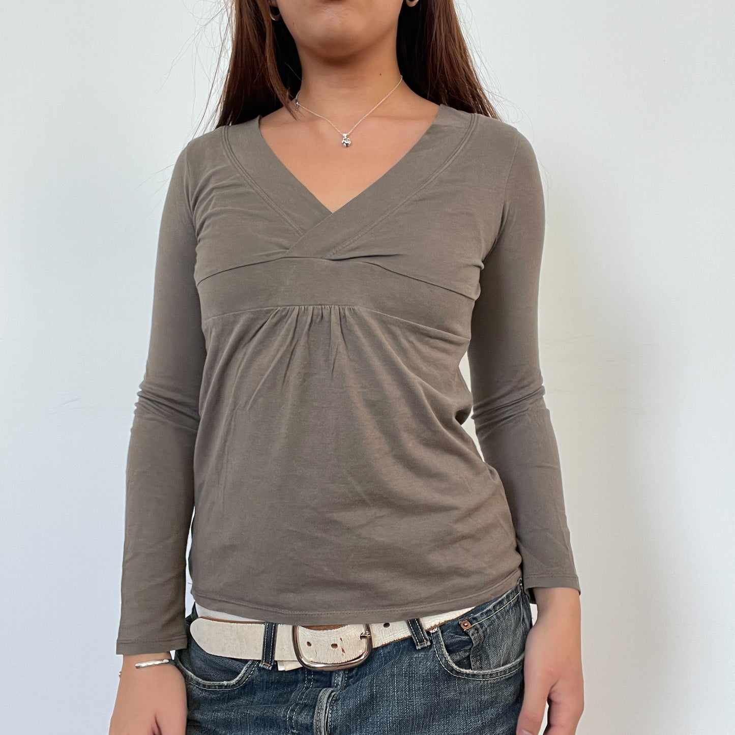 Vintage Khaki V Neck Long Sleeve Top