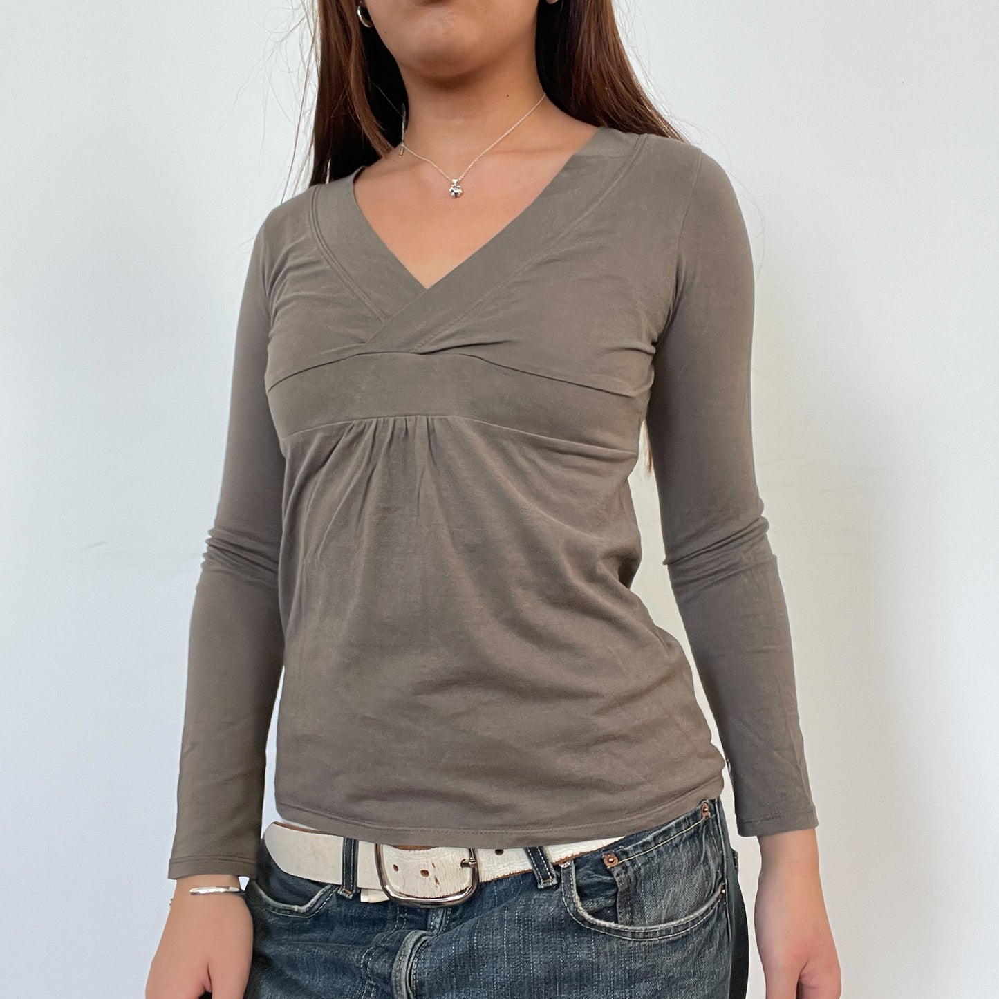 Vintage Khaki V Neck Long Sleeve Top