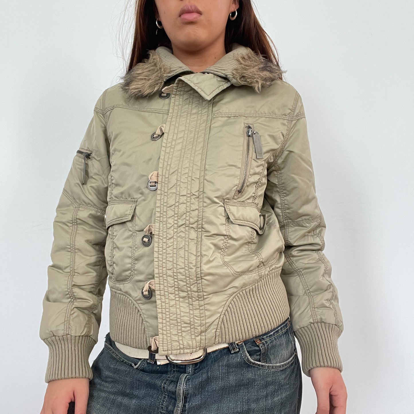 Vintage Khaki Zip Up Bomber Jacket