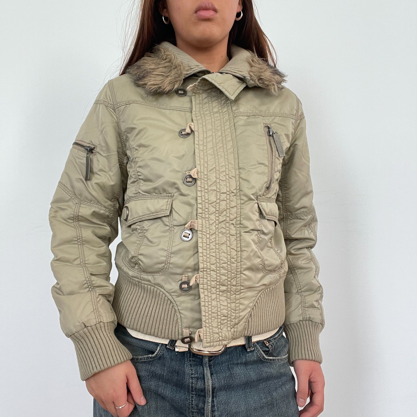 Vintage Khaki Zip Up Bomber Jacket