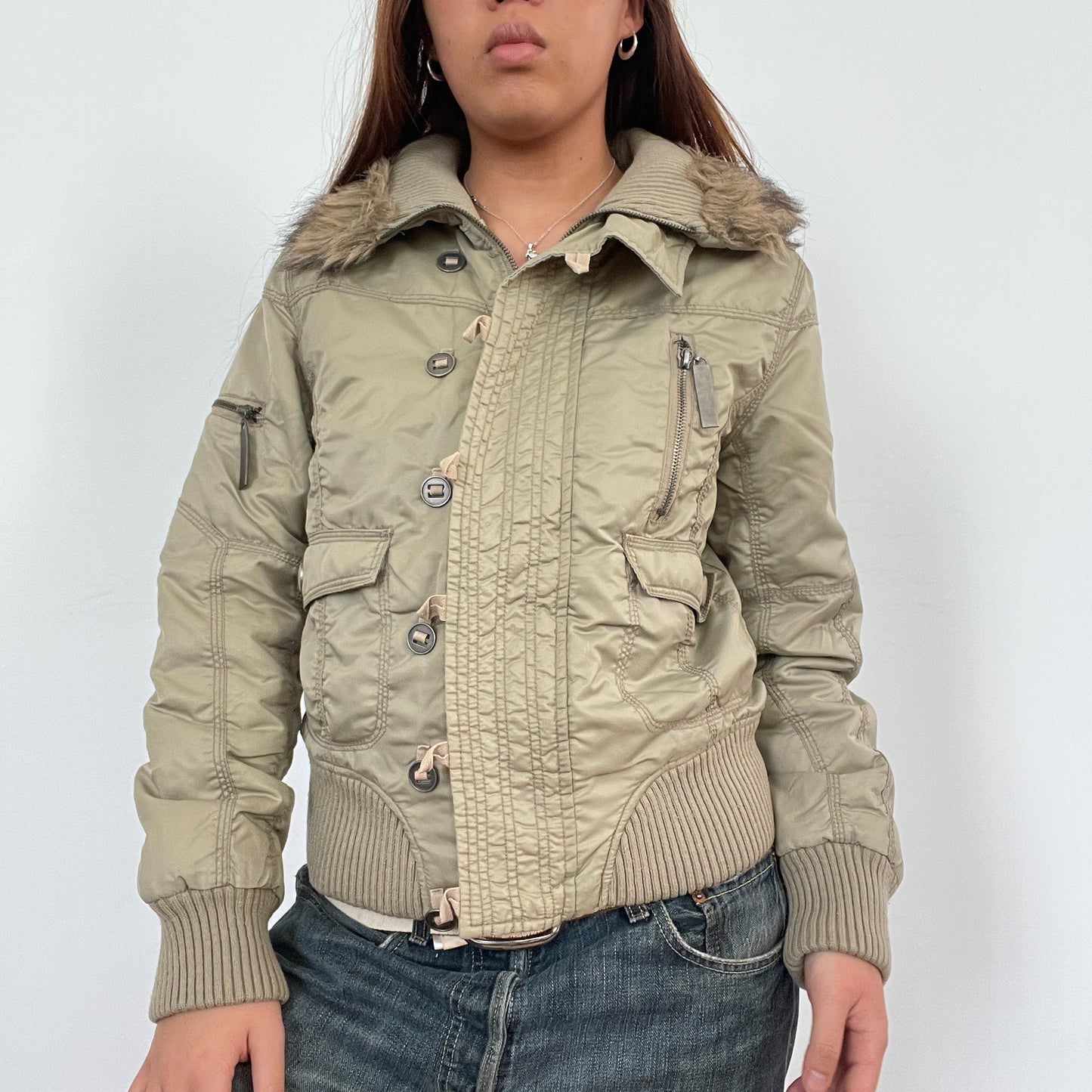 Vintage Khaki Zip Up Bomber Jacket
