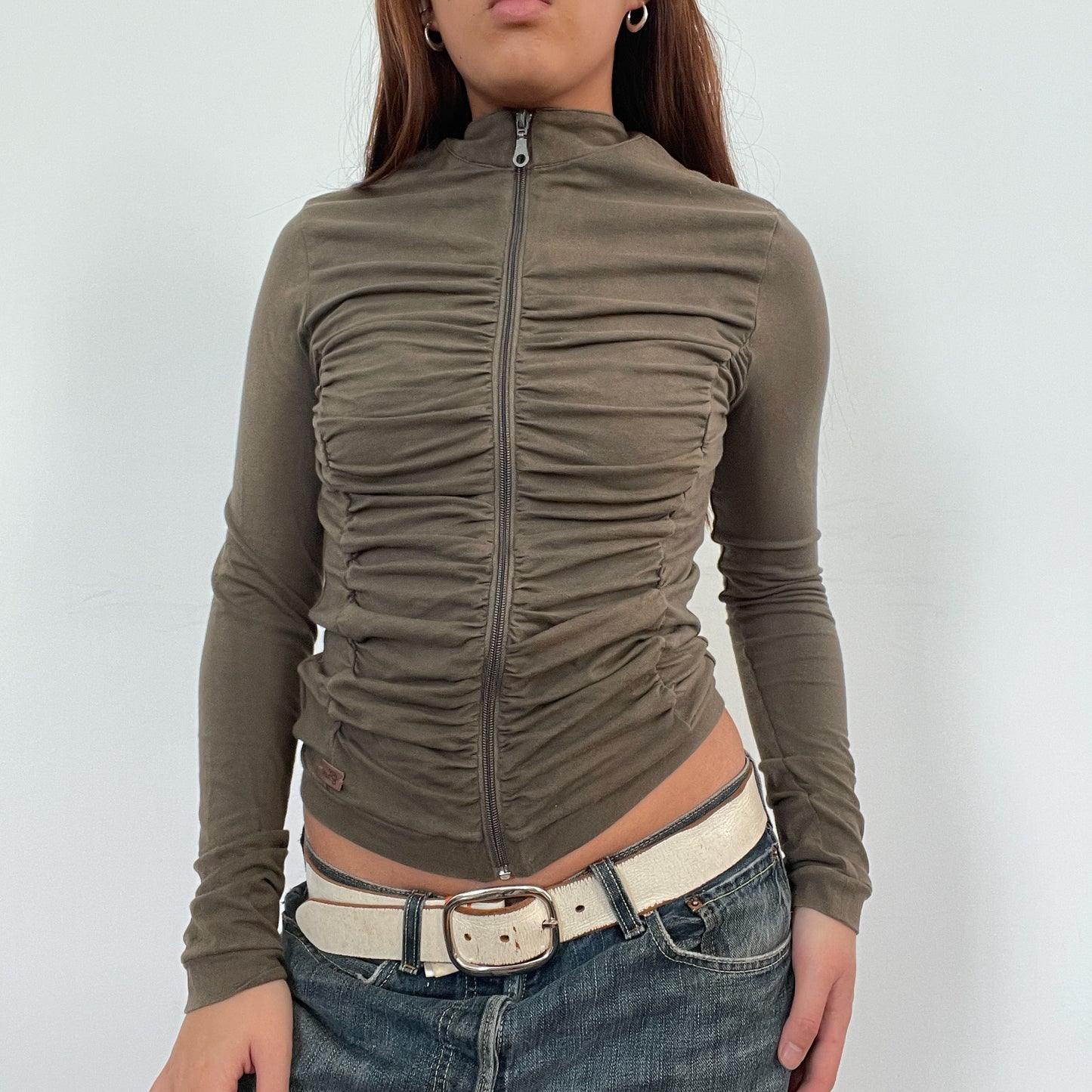 Vintage Khaki Ruched Zip Up Jumper